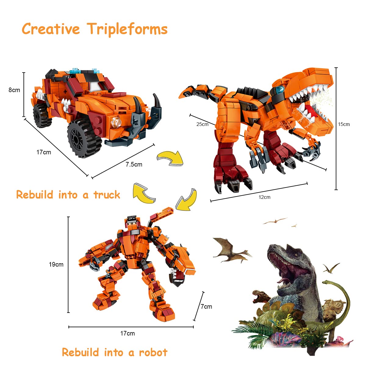 TOWINGO Dinosaur Building Toys 3in1, 568+Pieces Building Blocks Toy for Boys, Creator Building Kit Toy Sets for 6 7 8 9 10 11 12 Years Old Boys Girls