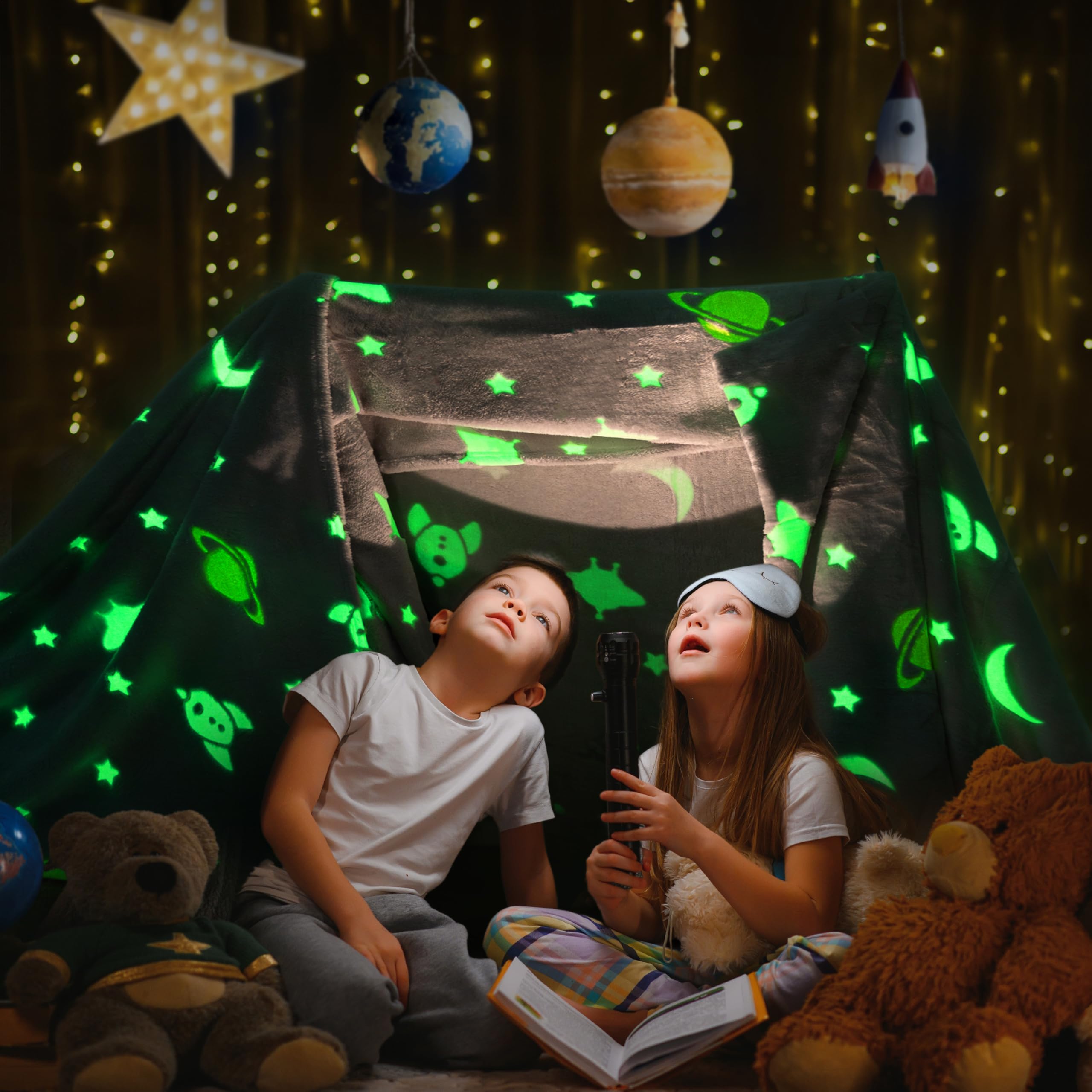 PAVILIA Glow in the Dark Blanket, Spaceship Space Gift for Girls Boys, Toy Blanket for 1 2 3 4 5 6 7 8 9 10 Year Old Boy, Soft Plush Fleece Kids Gift Blanket for Birthday, Christmas, Room Decor, 50x60