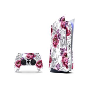 zoomhitskins compatible with ps5 skin, roses skeleton white pink rock heavy, durable, bubble-free, w/disk version, precisely cut