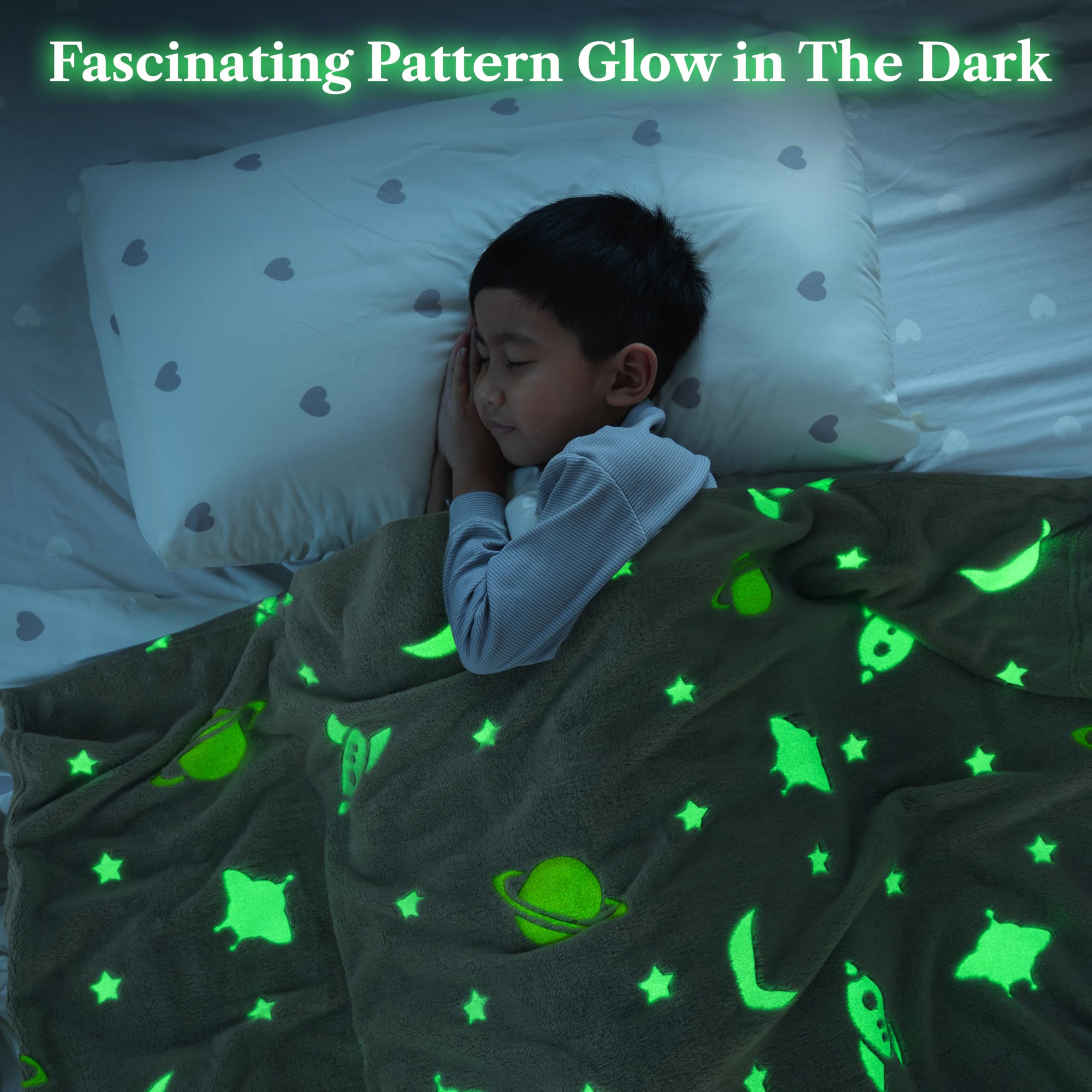 PAVILIA Glow in the Dark Blanket, Spaceship Space Gift for Girls Boys, Toy Blanket for 1 2 3 4 5 6 7 8 9 10 Year Old Boy, Soft Plush Fleece Kids Gift Blanket for Birthday, Christmas, Room Decor, 50x60