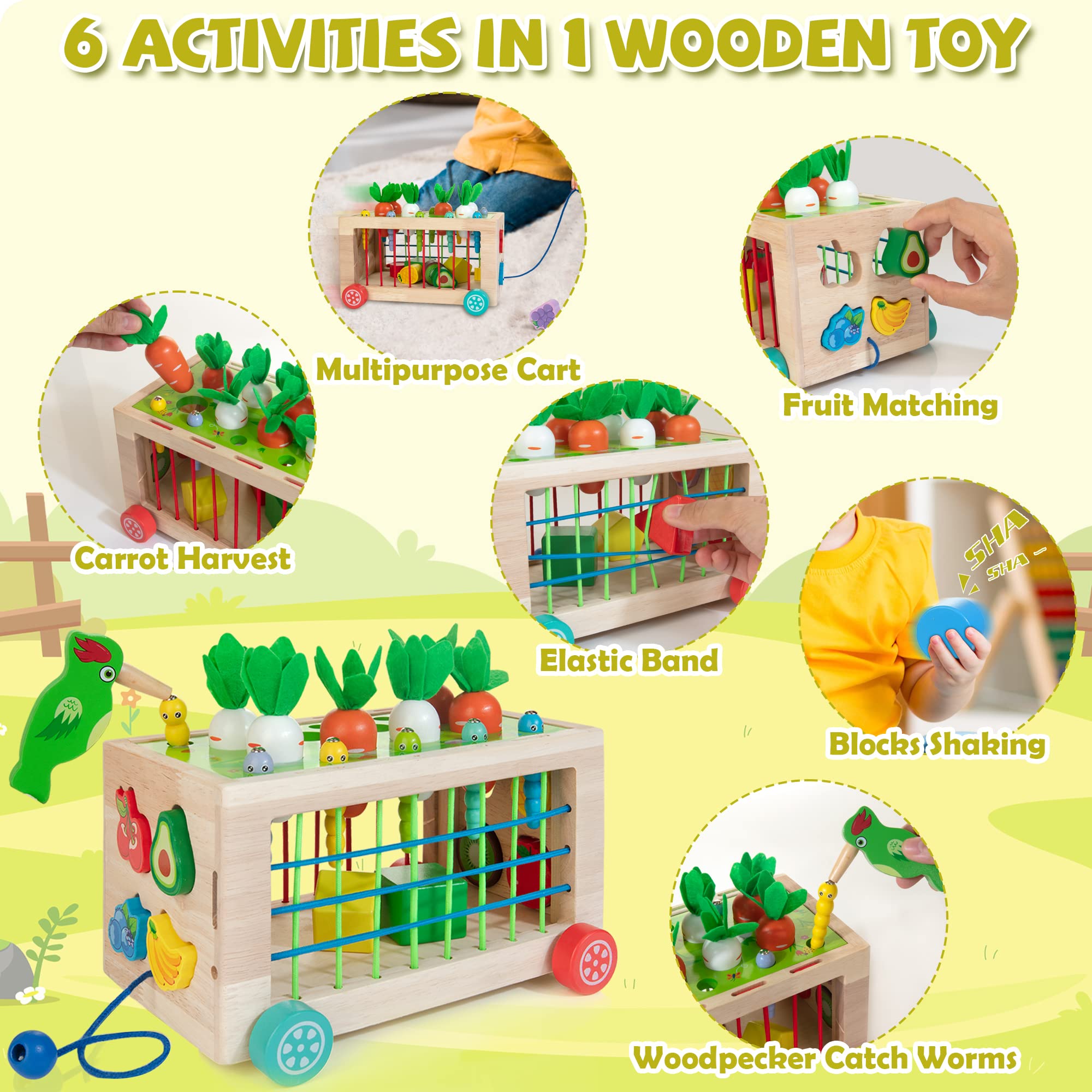 Winique Wooden Montessori Toys for 1 2 Year Old, 6-in-1 Baby Toys 12-18 Months Shape Sorter Educational Toys, 1st Birthday Christmas Easter Gift Sensory Toys Carrot Harvest Game