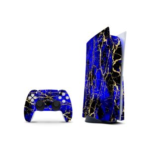 ZOOMHITSKINS Compatible with PS5 Skin, Cobalt Golden Dark Blue Black Pattern, Durable, Bubble-free, W/Disk Version, Precisely Cut