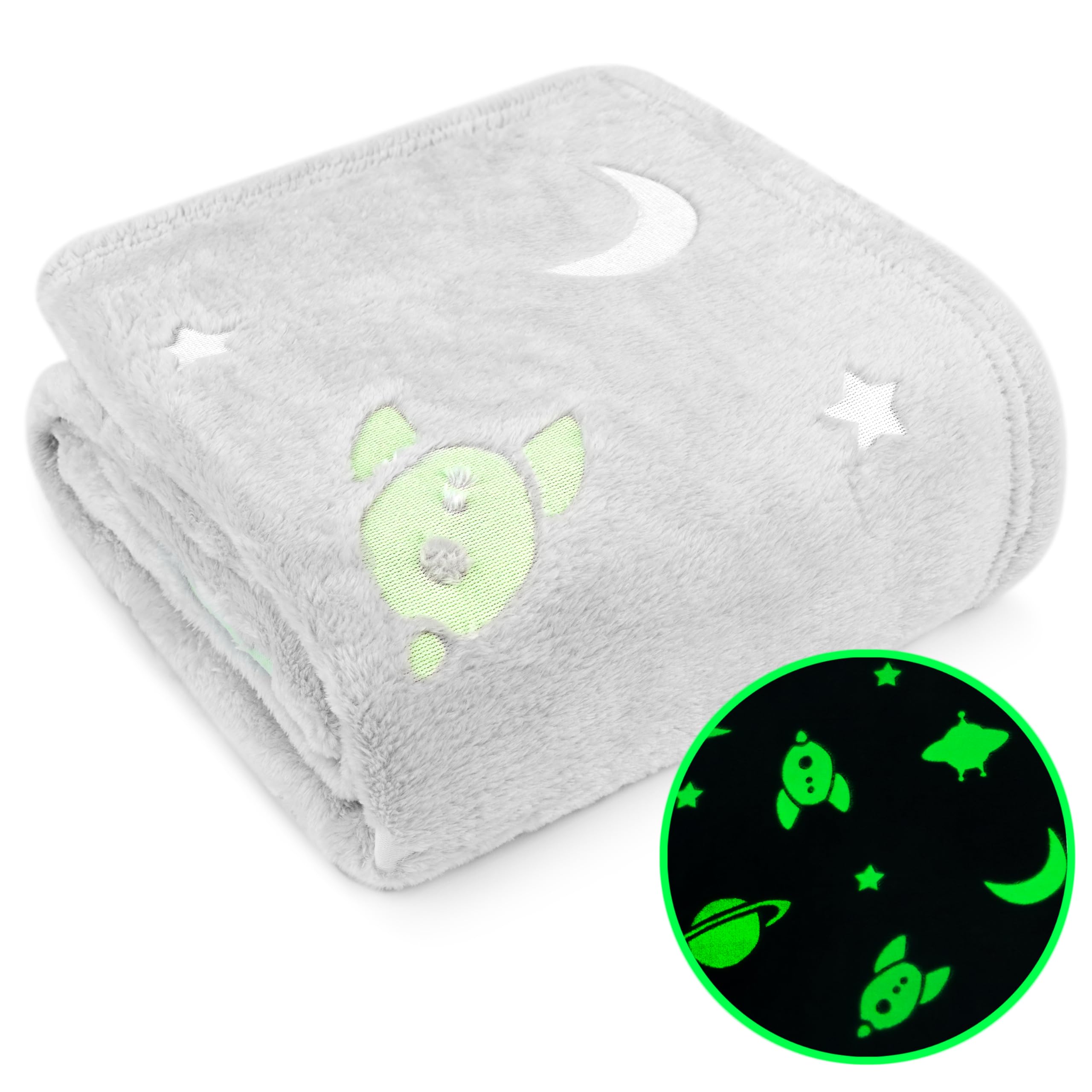 PAVILIA Glow in the Dark Blanket, Spaceship Space Gift for Girls Boys, Toy Blanket for 1 2 3 4 5 6 7 8 9 10 Year Old Boy, Soft Plush Fleece Kids Gift Blanket for Birthday, Christmas, Room Decor, 50x60