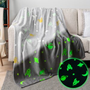 pavilia glow in the dark blanket, spaceship space gift for girls boys, toy blanket for 1 2 3 4 5 6 7 8 9 10 year old boy, soft plush fleece kids gift blanket for birthday, christmas, room decor, 50x60