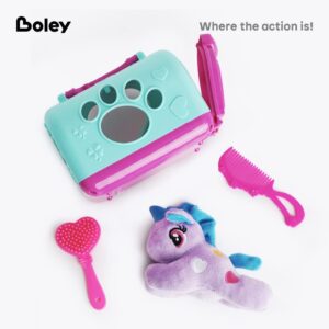 Boley Unicorn Plushie Set - 4 Pc Plush Toy Kit with Purple Unicorn Stuffed Animal, Portable Light Blue Play Cage, Pink Brush and Comb - Soft, Cuddly Toy for Kids, Ages 3+