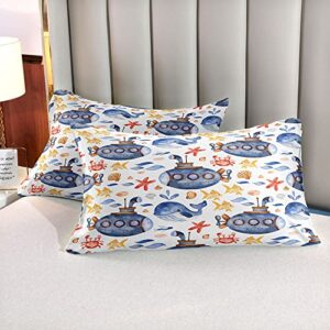 JIJIWANG Submarine Ocean Queen Flat Sheet Sets Kids with 2 Pillowshames Fish Conch Starfish Print Ocean Fitted Sheet Sets Boys Girls Sealife Bedding Sheets Soft Polyester