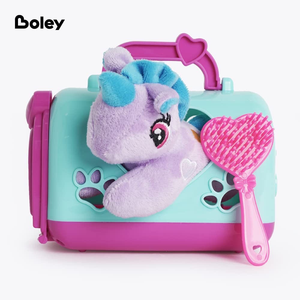 Boley Unicorn Plushie Set - 4 Pc Plush Toy Kit with Purple Unicorn Stuffed Animal, Portable Light Blue Play Cage, Pink Brush and Comb - Soft, Cuddly Toy for Kids, Ages 3+