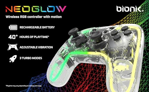 Bionik Neo Glow Nintendo Switch Wireless Controller: RGB Game Controller with Motion, 900 mAh Rechargeable Battery, Turbo Mode/Gyroscope/Transparent Shell/PC/Android