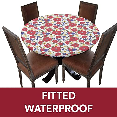 Floral Round Fitted Tablecloth Cover,Red Poppies Chamomile Ladybird Daisies Bumblebee Bees and Butterflies Print Elastic Edged Polyester Fitted Table Cover, xLarge, Fit Round Table 59"-63" Diameter