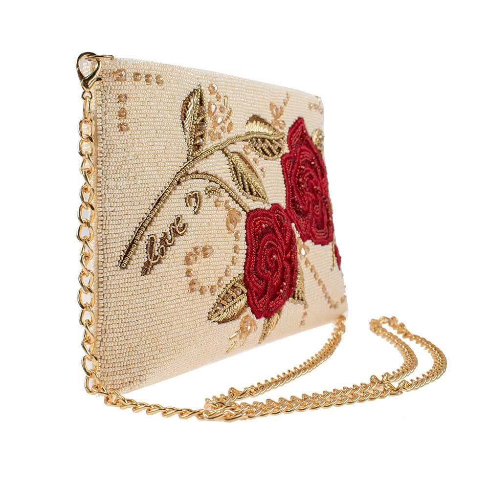 Mary Frances Roses are Red Beaded Crossbody Clutch Handbag, Ivory