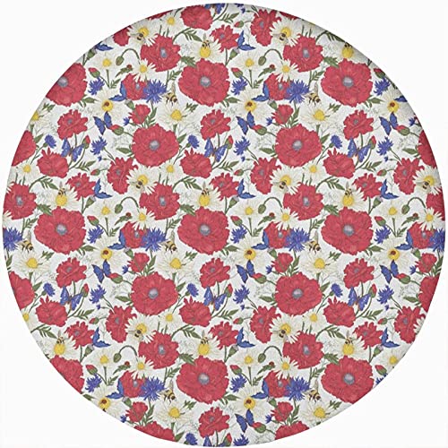 Floral Round Fitted Tablecloth Cover,Red Poppies Chamomile Ladybird Daisies Bumblebee Bees and Butterflies Print Elastic Edged Polyester Fitted Table Cover, xLarge, Fit Round Table 59"-63" Diameter