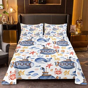 jijiwang submarine ocean queen flat sheet sets kids with 2 pillowshames fish conch starfish print ocean fitted sheet sets boys girls sealife bedding sheets soft polyester