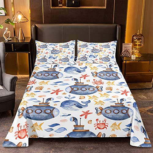 JIJIWANG Submarine Ocean Queen Flat Sheet Sets Kids with 2 Pillowshames Fish Conch Starfish Print Ocean Fitted Sheet Sets Boys Girls Sealife Bedding Sheets Soft Polyester