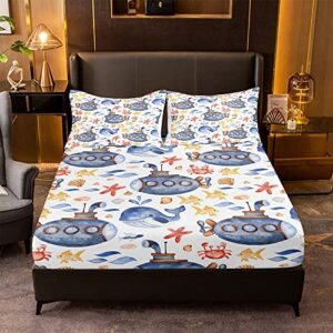 JIJIWANG Submarine Ocean Queen Flat Sheet Sets Kids with 2 Pillowshames Fish Conch Starfish Print Ocean Fitted Sheet Sets Boys Girls Sealife Bedding Sheets Soft Polyester