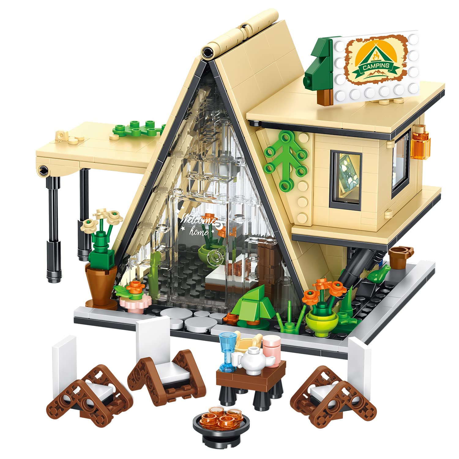 PinkBee Friends Beach Glamping Set Girls Camping Tent Flower House Building Block Kits Who Love Nature Toys and Popular Glamping Trips Christmas Xmas Birthday Gifts for Adults Kids 8-12 6-12 7-9