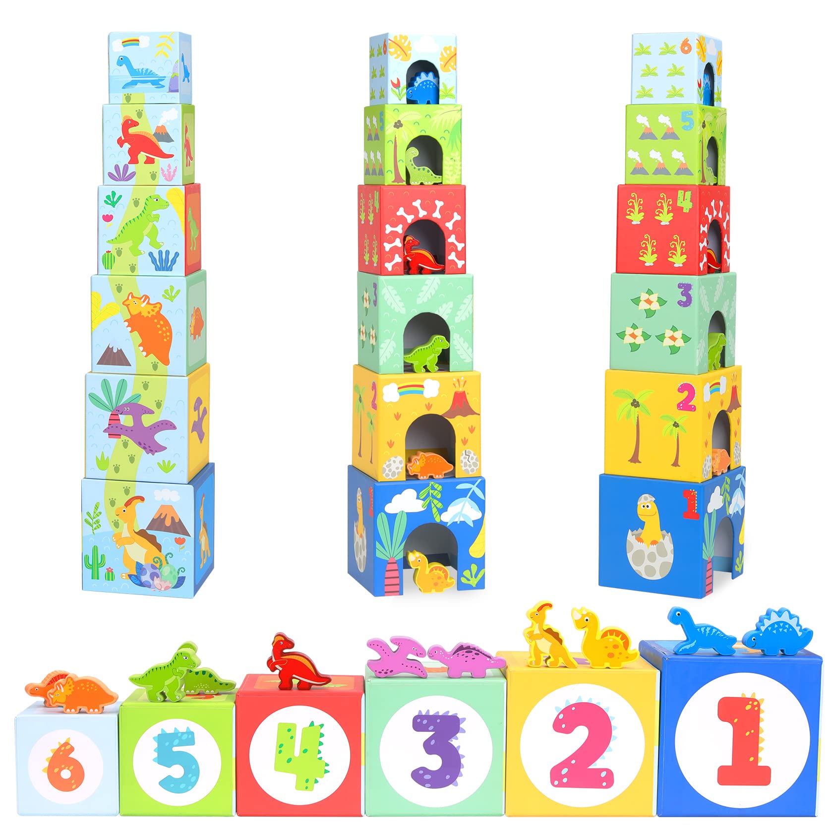 ANPEAC Baby and Toddlers Dinosaur Sorting and Stacking Matching Toys for 1-3 Year Old, Balance Blocks, Kids Preschool Learning, Numbers Nesting Boxes Montessori Gifts for Baby Boys Girls