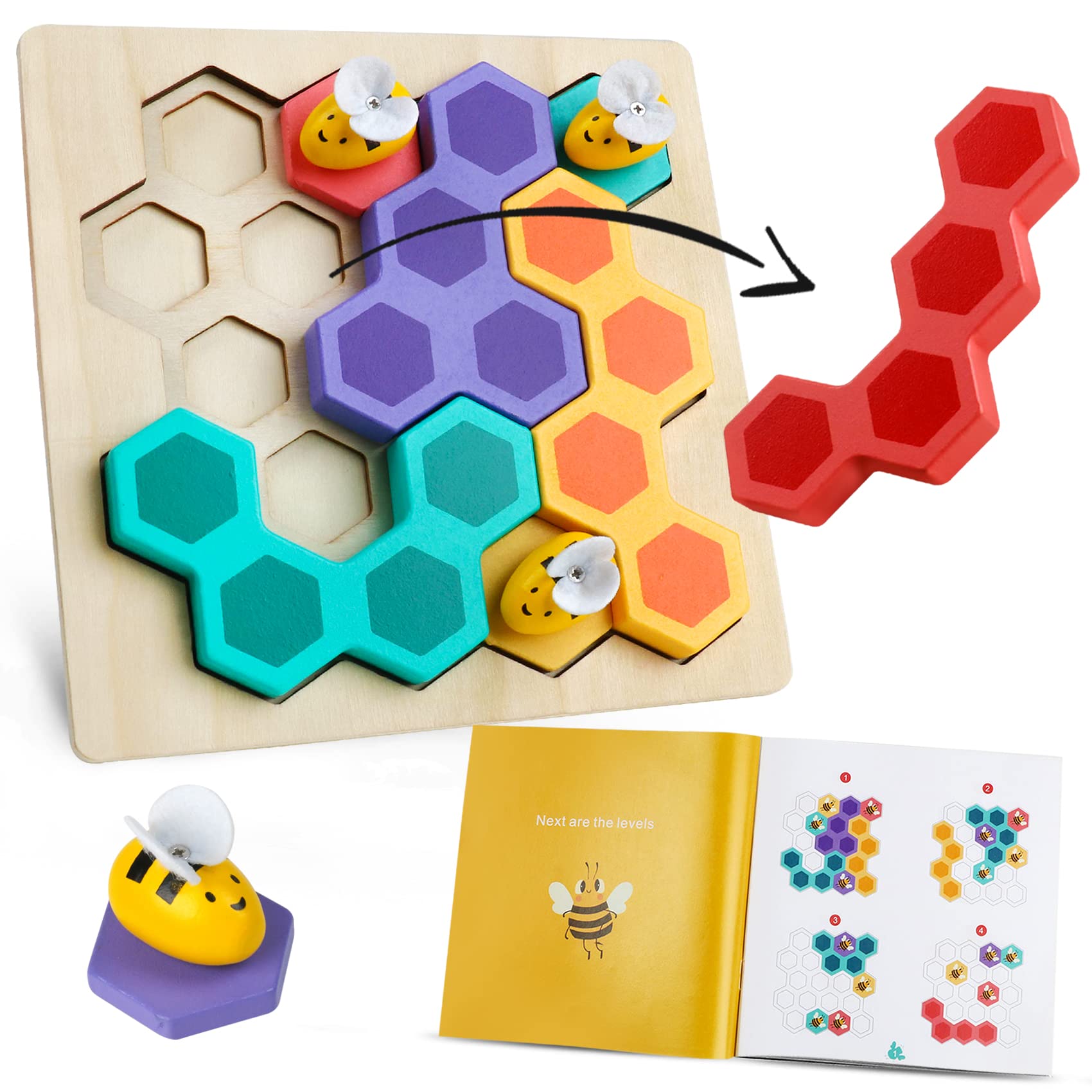 Brain Teasers Logic Game Learning Toys Matching Puzzle for 3 Year Olds Wooden Beehive Puzzle Board Games Montessori Preschool Educationl Toy for Kid Childs