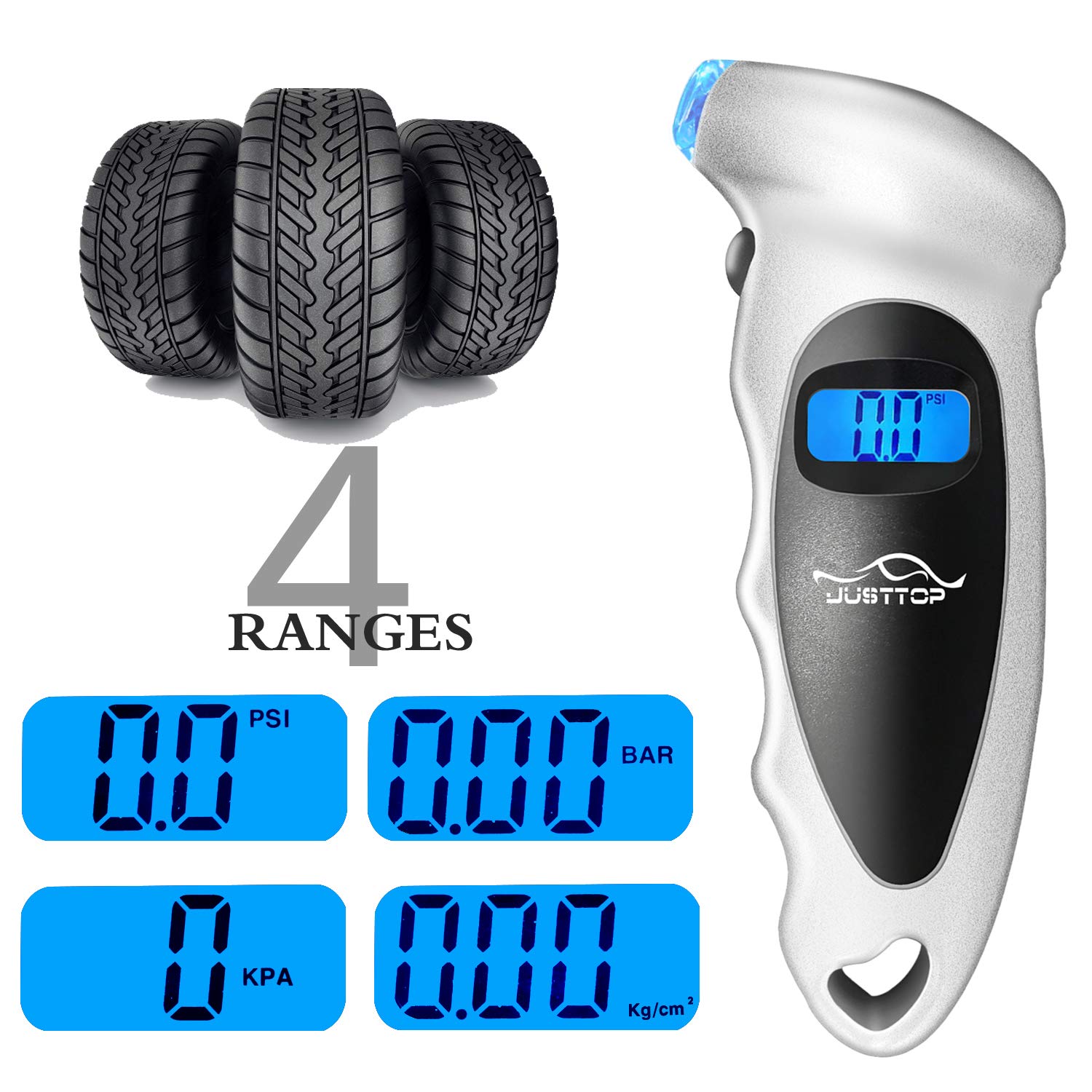 JUSTTOP 3 Pack Digital Tire Pressure Gauge, 150PSI 4 Setting for Cars, Trucks and Bicycles, Backlit LCD and Anti-Skid Grip for Easy and Accurate Reading(Silver)