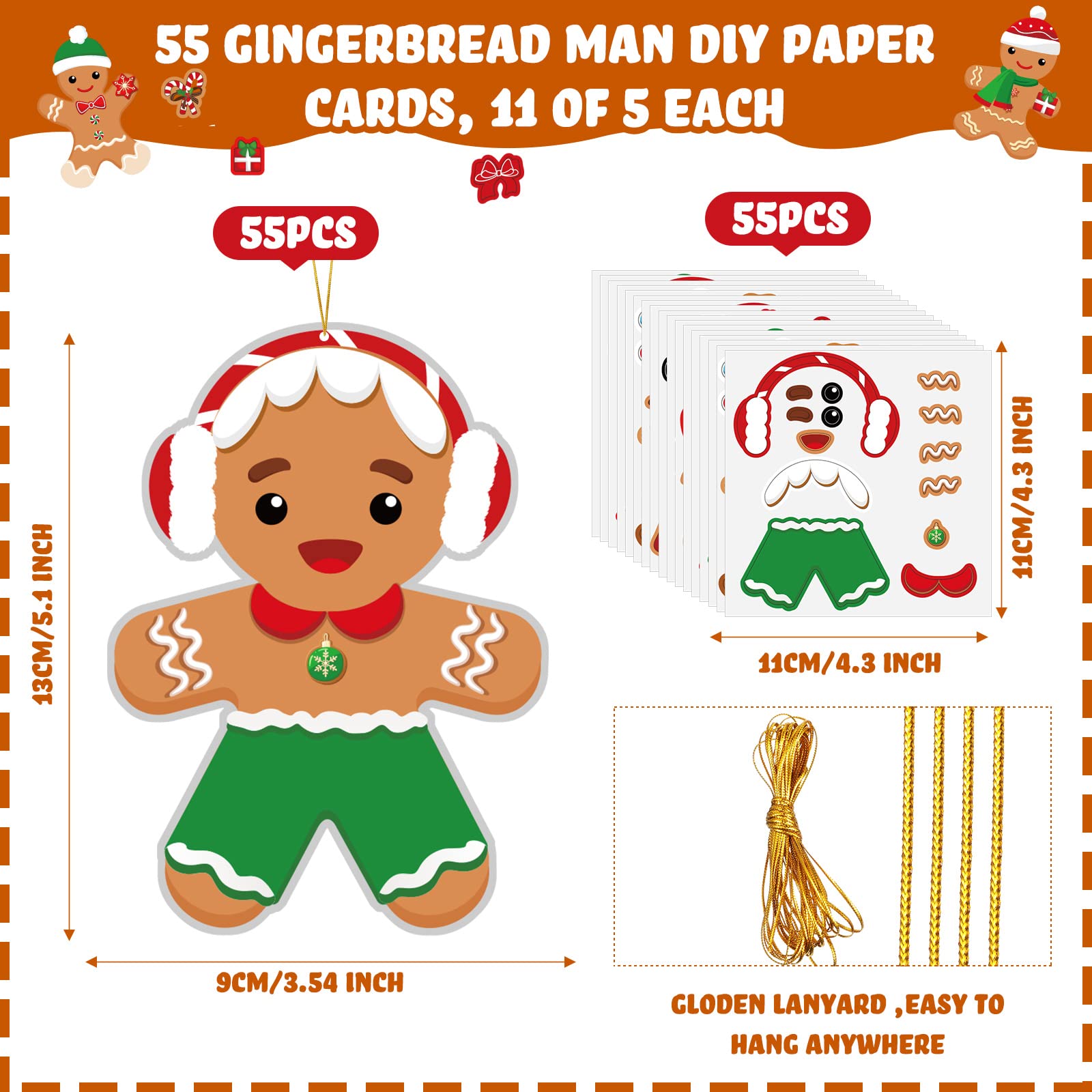 55 Pieces Christmas Crafts Kits for Kids Christmas Arts and Crafts DIY Christmas Gingerbread Ornaments Kit Make Your Own Christmas Gingerbread Man Craft Projects for Kids Ages 3 4 5 6 8 10