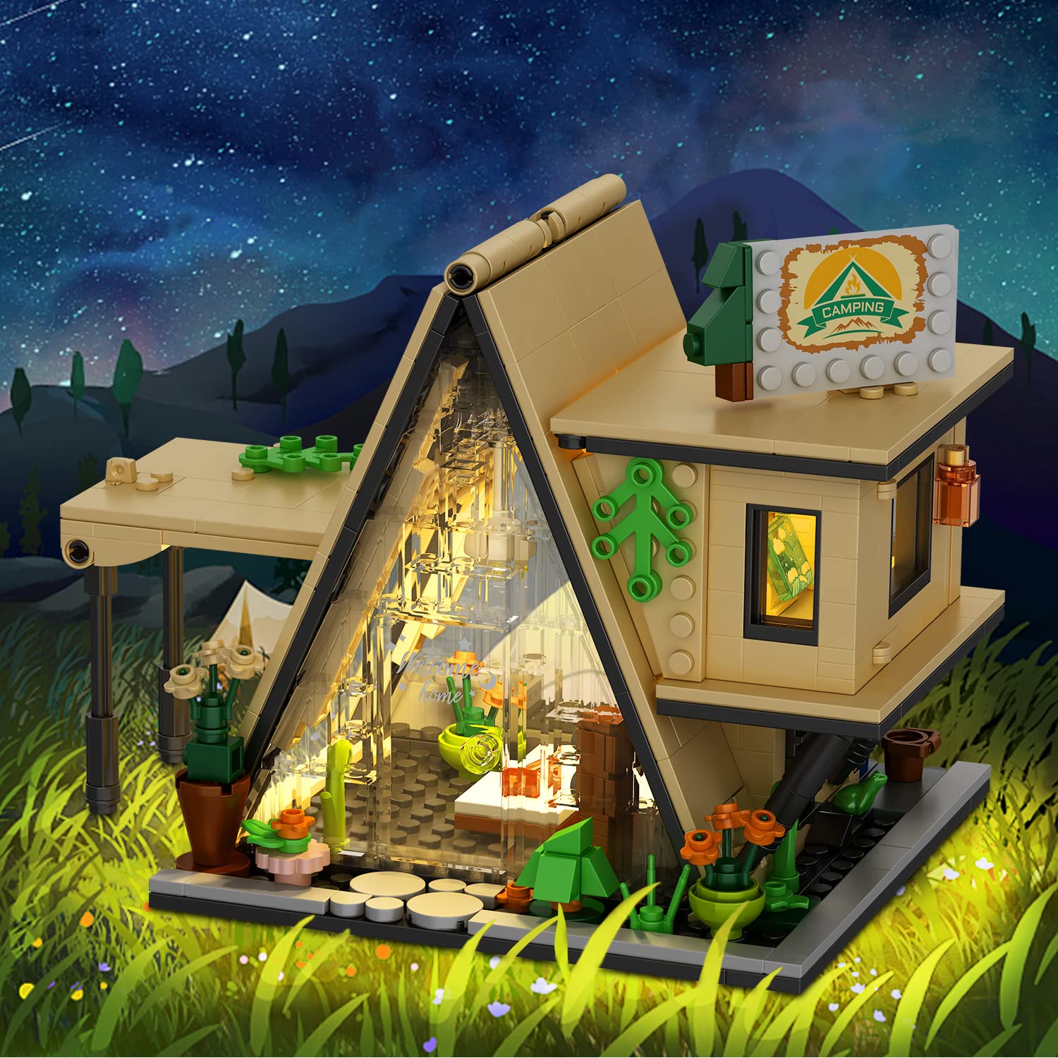 PinkBee Friends Beach Glamping Set Girls Camping Tent Flower House Building Block Kits Who Love Nature Toys and Popular Glamping Trips Christmas Xmas Birthday Gifts for Adults Kids 8-12 6-12 7-9