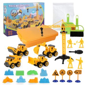 WICOTOO Sand Construction Kit,Sandbox,2.2lbs Magic Sand W/4 Take Apart Construction Trucks,Tower Crane,8 Sand Molds,4 Worker Figures,4 Road Signs,Toys for Boys Girls Age 4-8 Yellow,Brown