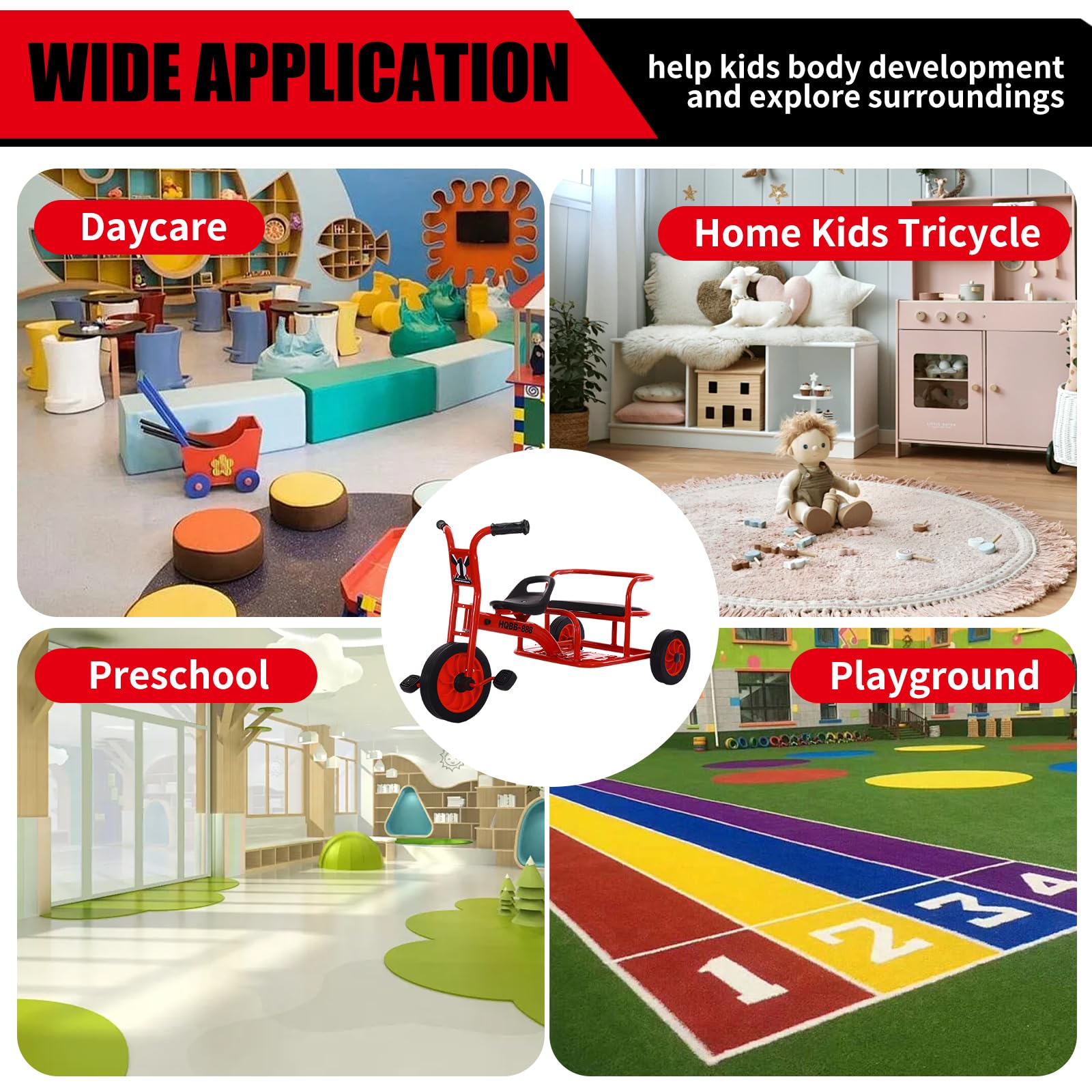 Kids Tricycle for Preschool Playground, Daycare Toddler Tandem Trike, Children Double Seat Bike with Passenger Seat, Outdoor Playground Equipment Tricycles