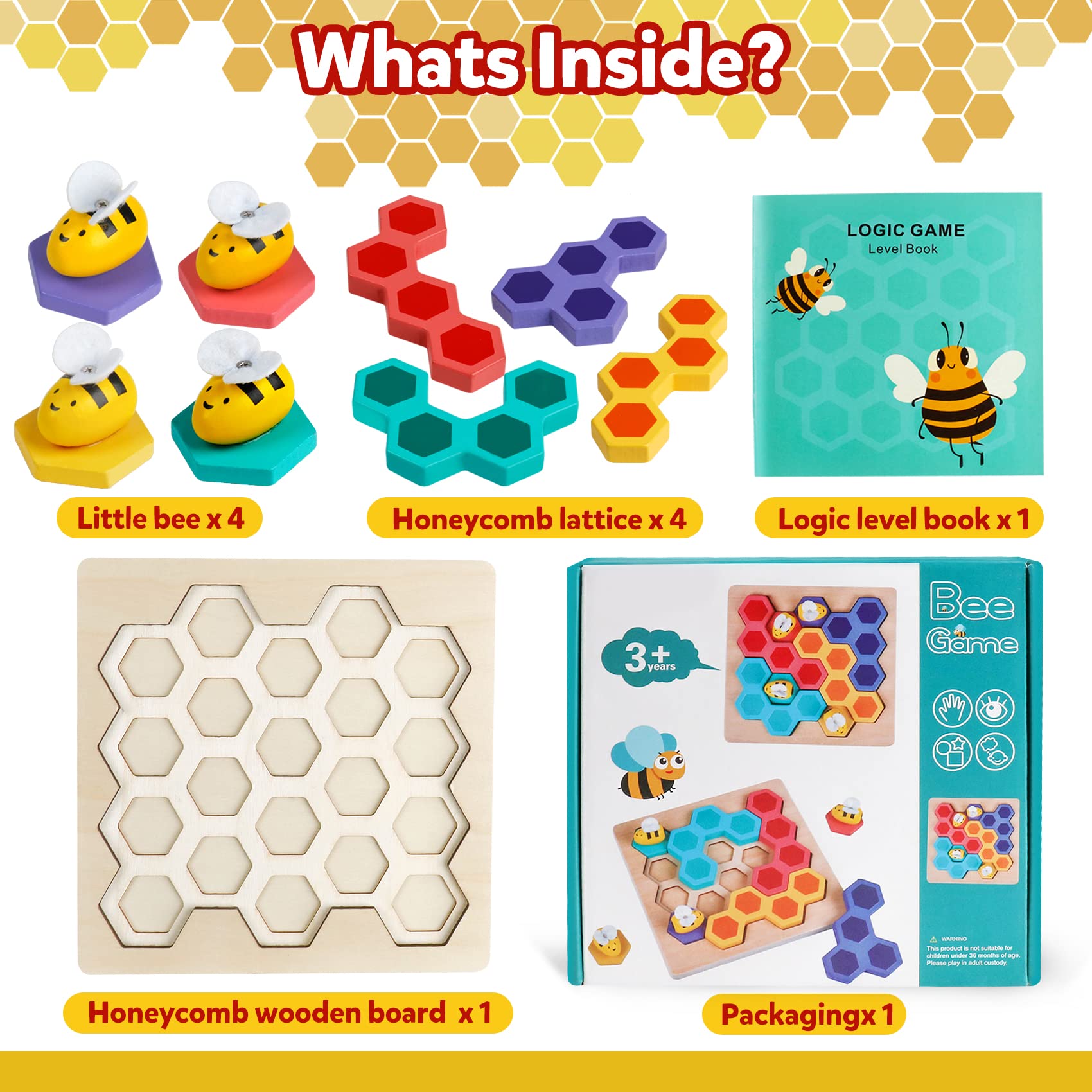 Brain Teasers Logic Game Learning Toys Matching Puzzle for 3 Year Olds Wooden Beehive Puzzle Board Games Montessori Preschool Educationl Toy for Kid Childs