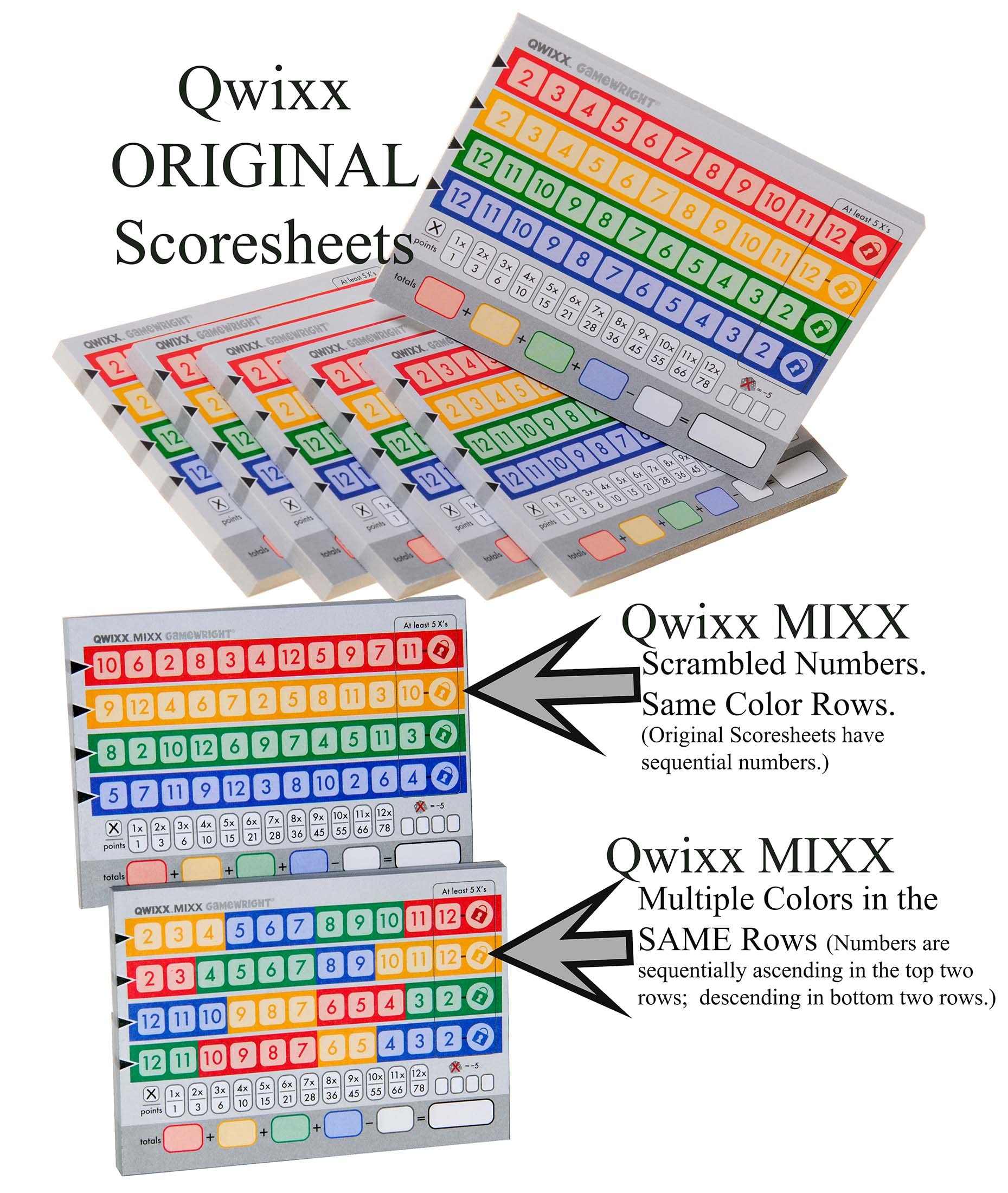 Deluxe Games and Puzzles Qwixx Score Sheets 4 Pack with Qwixx Compatible ‘Socially-Distanced’ Game Dice Quantity = 30, Bundled