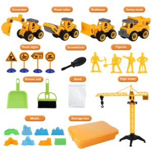 WICOTOO Sand Construction Kit,Sandbox,2.2lbs Magic Sand W/4 Take Apart Construction Trucks,Tower Crane,8 Sand Molds,4 Worker Figures,4 Road Signs,Toys for Boys Girls Age 4-8 Yellow,Brown