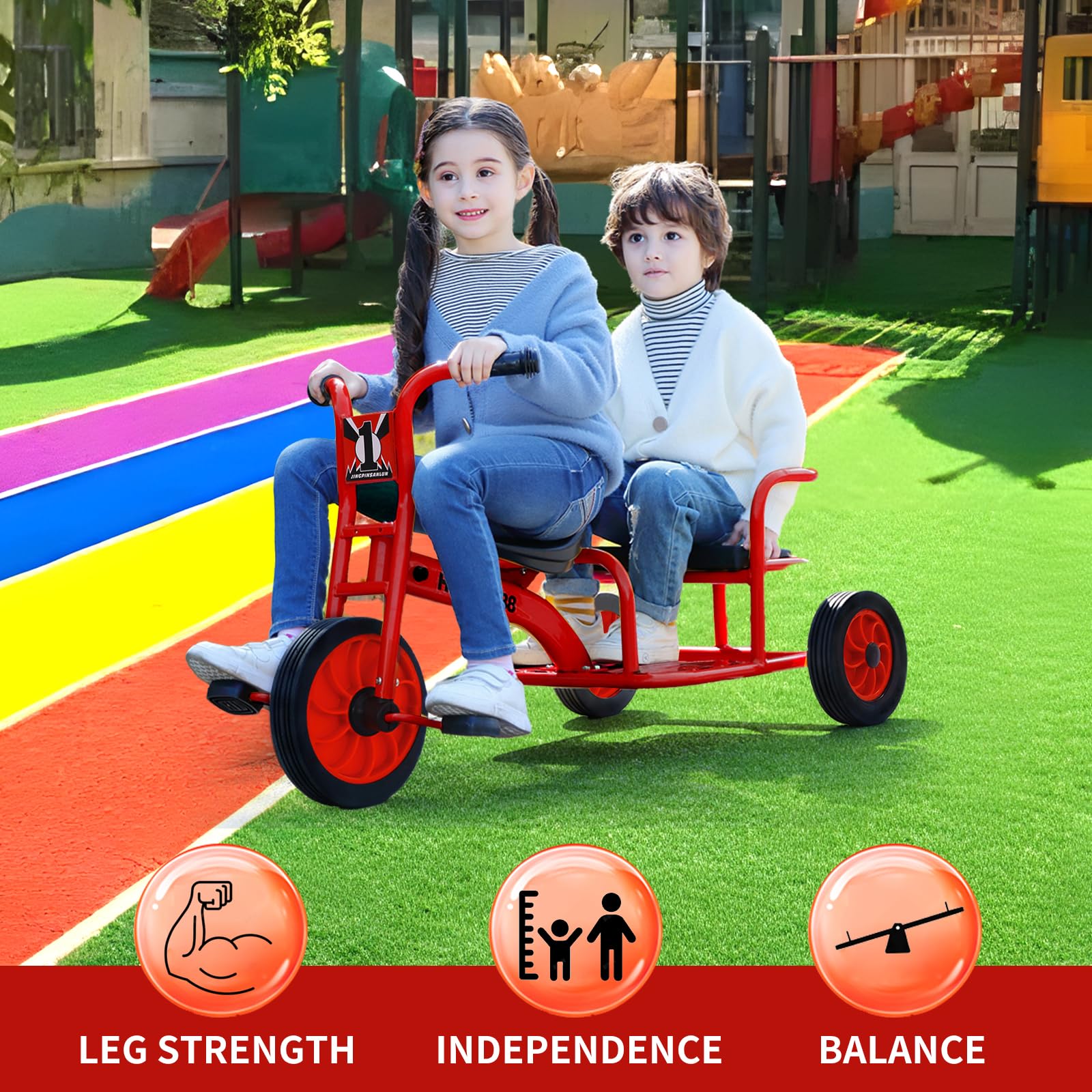 Kids Tricycle for Preschool Playground, Daycare Toddler Tandem Trike, Children Double Seat Bike with Passenger Seat, Outdoor Playground Equipment Tricycles