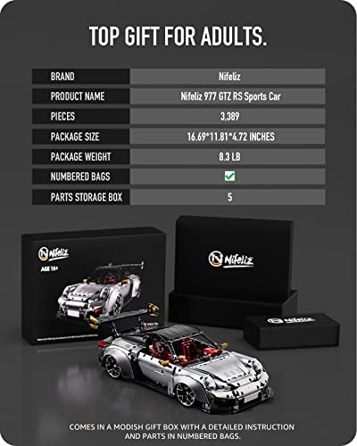 Nifeliz Sports Car 977, GTZ RS Racing Model Toy, Collectible Building Kit for Adults (3,389 Pieces)