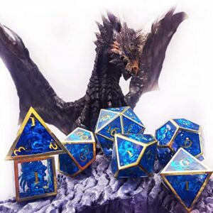 HAOMEJA Hollow Metal + Resin Dragons Dice Set DND 7 Set Dice Role Playing Dice D&D Dungeons and Dragons (Blue)