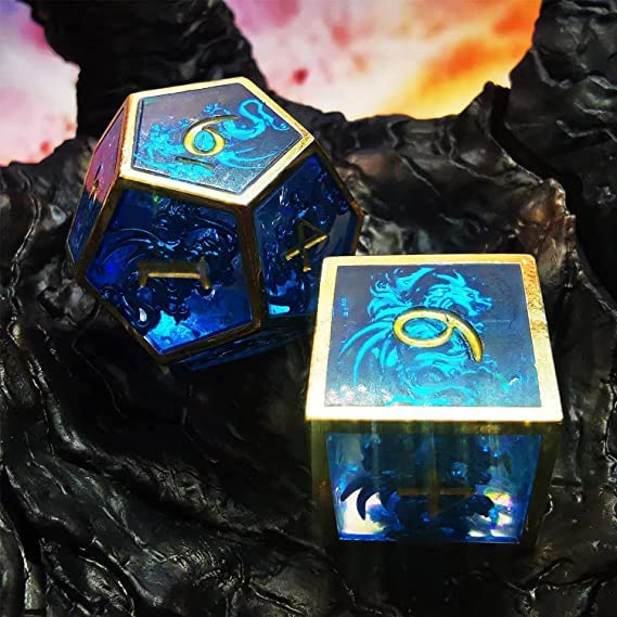 HAOMEJA Hollow Metal + Resin Dragons Dice Set DND 7 Set Dice Role Playing Dice D&D Dungeons and Dragons (Blue)