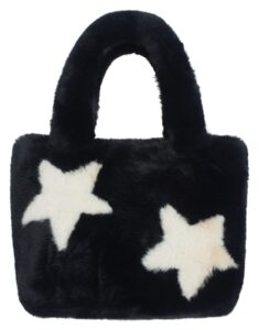 annakastle womens soft eco fur fluffy mini tote bag purse black star