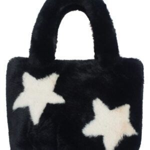 AnnaKastle Womens Soft Eco Fur Fluffy Mini Tote Bag Purse Black Star