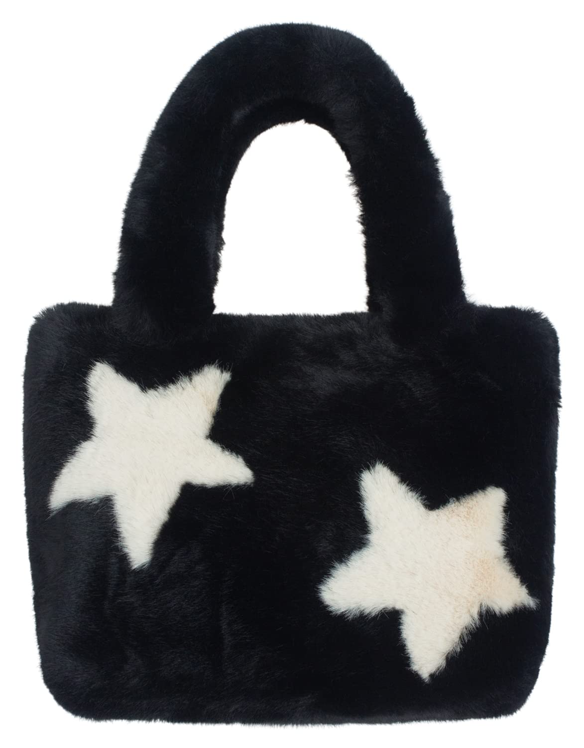 AnnaKastle Womens Soft Eco Fur Fluffy Mini Tote Bag Purse Black Star