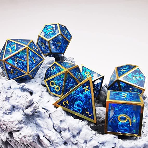 HAOMEJA Hollow Metal + Resin Dragons Dice Set DND 7 Set Dice Role Playing Dice D&D Dungeons and Dragons (Blue)