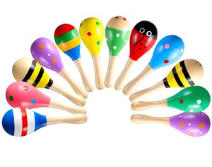 looikoos 12 pcs mini wood festival maracas for kids toys, wooden maracas festival painting, wooden carnival maracas baby party favors(random colors)