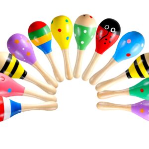 LOOIKOOS 12 PCS Mini Wood Festival Maracas for Kids Toys, Wooden Maracas Festival Painting, Wooden Carnival Maracas Baby Party Favors(Random Colors)