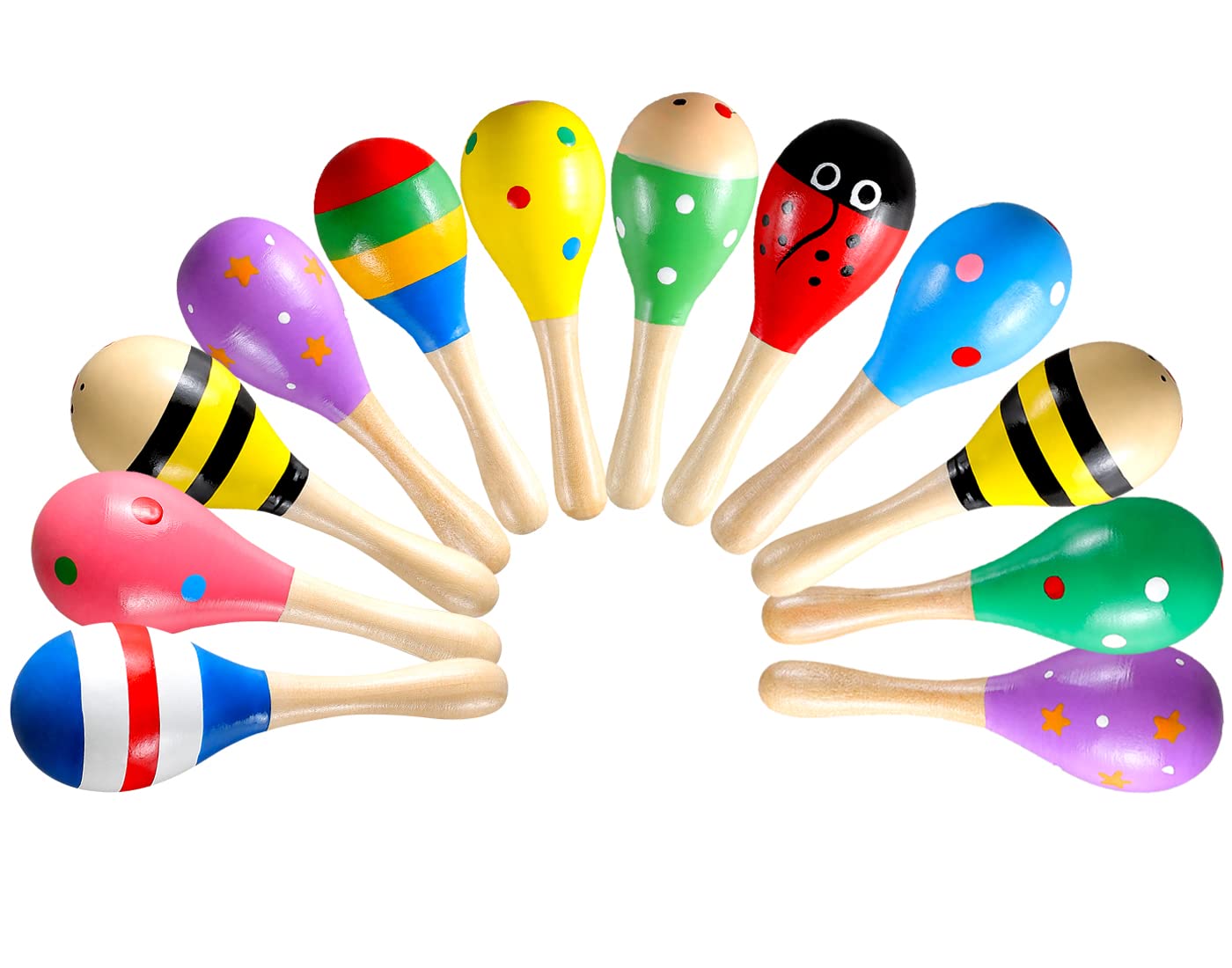 LOOIKOOS 12 PCS Mini Wood Festival Maracas for Kids Toys, Wooden Maracas Festival Painting, Wooden Carnival Maracas Baby Party Favors(Random Colors)