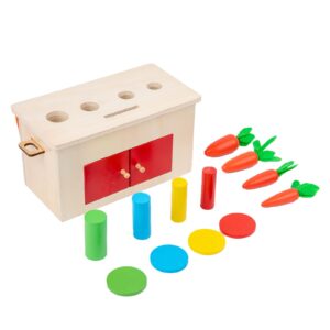 Adena Montessori 4-in-1 Play Kit Box for Infants,Toddlers and Babies 6-12 Months, 1 Year, 2 Year and 3 Year- Includes Coin Box, Cylinder & Carrot Drop Box, and Blind Touch Perception Box with Door