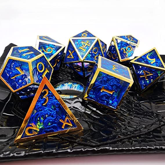 HAOMEJA Hollow Metal + Resin Dragons Dice Set DND 7 Set Dice Role Playing Dice D&D Dungeons and Dragons (Blue)