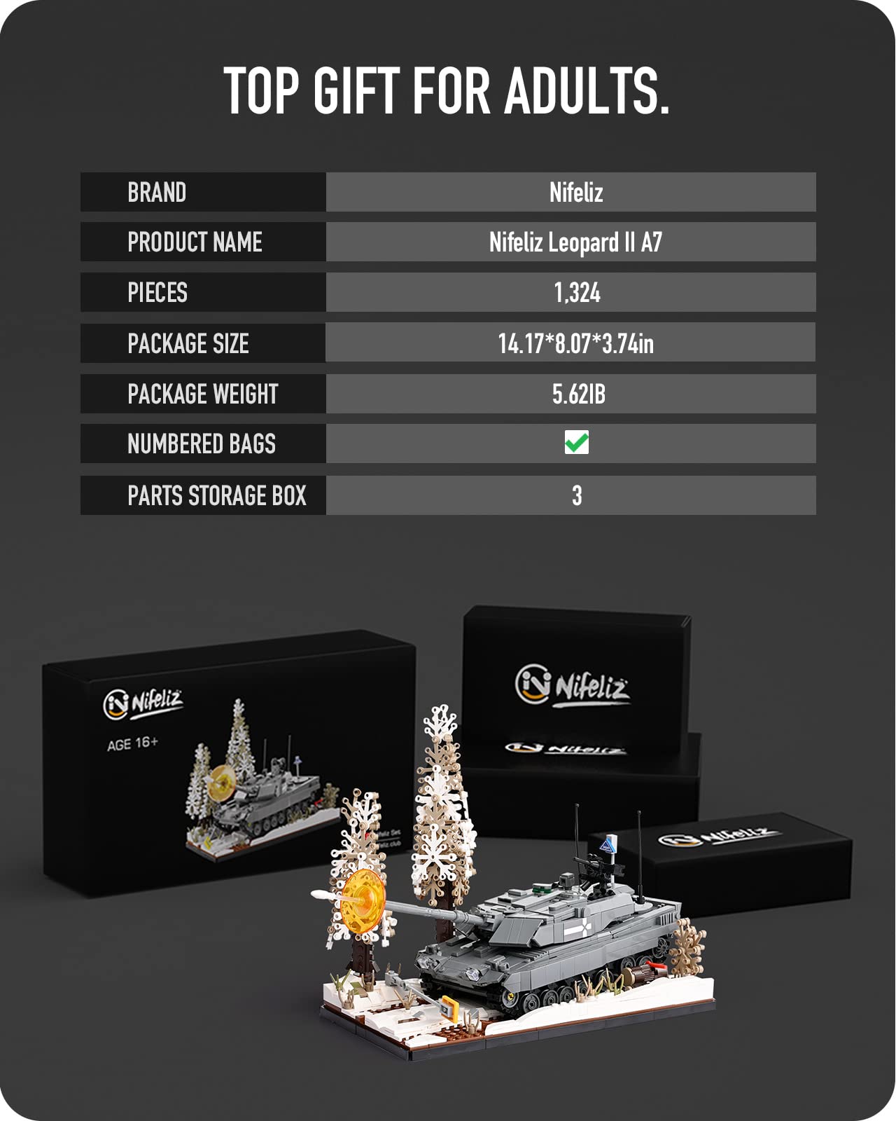 Nifeliz Leopard II A7, Technical Tank Building Set, WW2 Military Model Toy for Adults (1,324 Pieces)