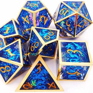 haomeja hollow metal + resin dragons dice set dnd 7 set dice role playing dice d&d dungeons and dragons (blue)