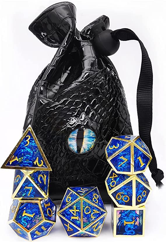 HAOMEJA Hollow Metal + Resin Dragons Dice Set DND 7 Set Dice Role Playing Dice D&D Dungeons and Dragons (Blue)