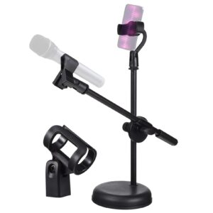 milisten microphone stand desk, adjustable mic stand with phone holder, 3 in 1 microphone stand with boom arm, cell phone clip, 2 microphone clips, universal mic stand for recording, singing