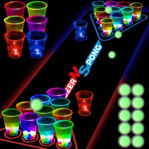 noveltymeme 45 pcs glow in the dark beer pong table mat, drinking game pong game with party cups, glow pongs for indoor outdoor party game party supplies decoration flashing&red&blue