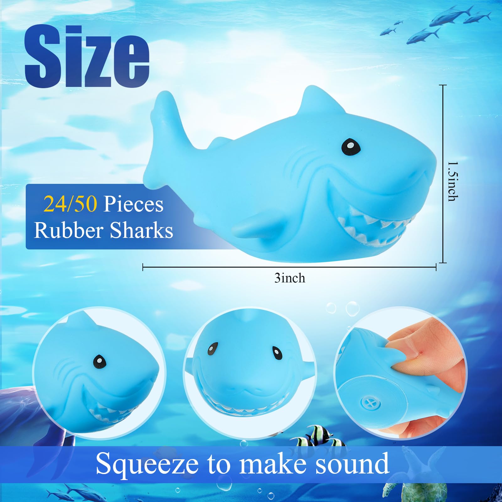 24 Pcs Rubber Sharks for Kids Blue Shark Bath Toys Bulk Mini Floating Squeaky Rubber Sharks Cute Squeezable Bathtub Toys for Shower Classroom Carnival Cake Decoration Birthday Pool Party Favors