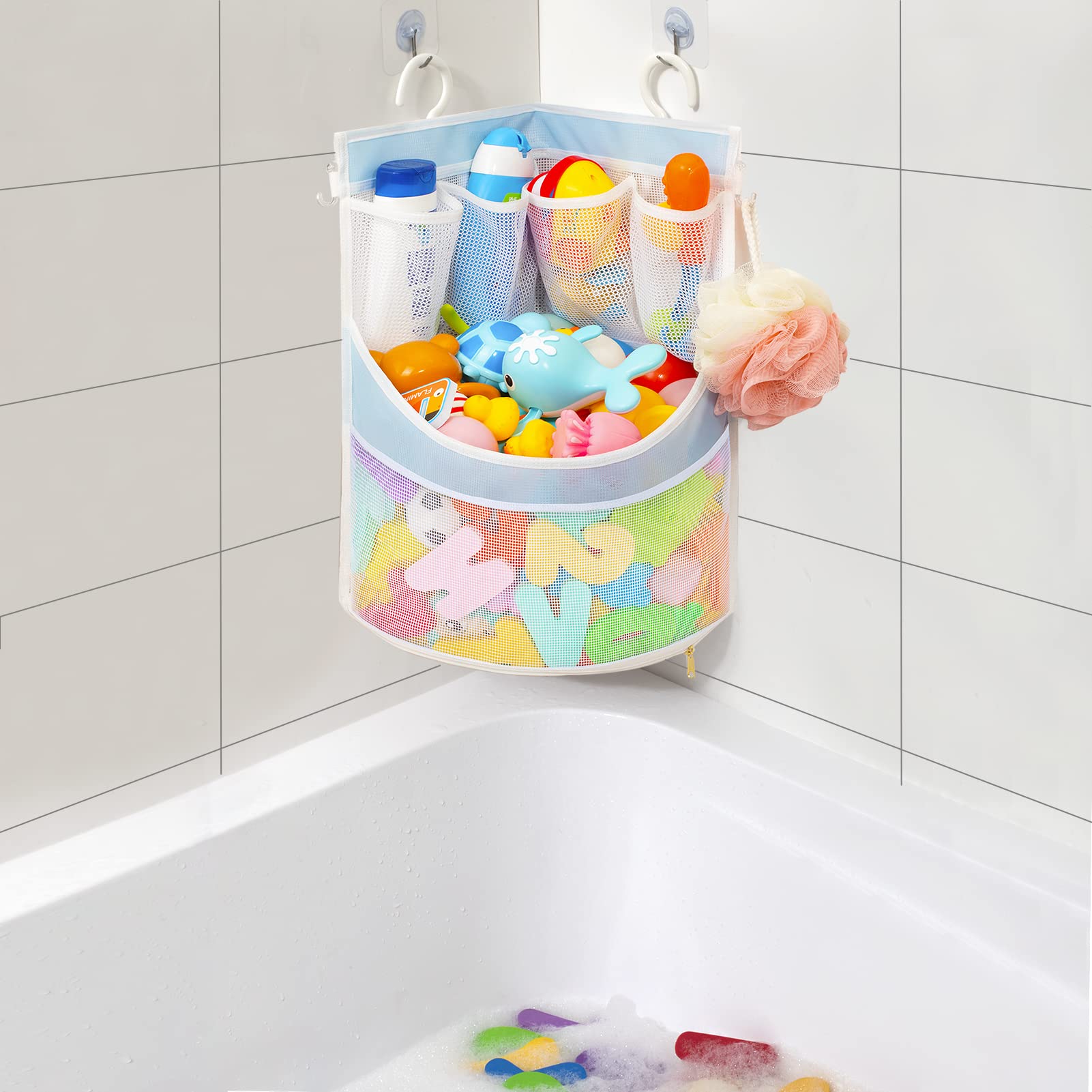 PVC Material Bathtub Toy Holder Prevent Long Spots Bath Toy Storage Bath Toys for Kids Ages 4-8 17“x13”Mesh Bath Toy Holder let Baby Bath Toys Quick Drying