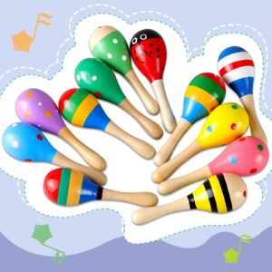 LOOIKOOS 12 PCS Mini Wood Festival Maracas for Kids Toys, Wooden Maracas Festival Painting, Wooden Carnival Maracas Baby Party Favors(Random Colors)